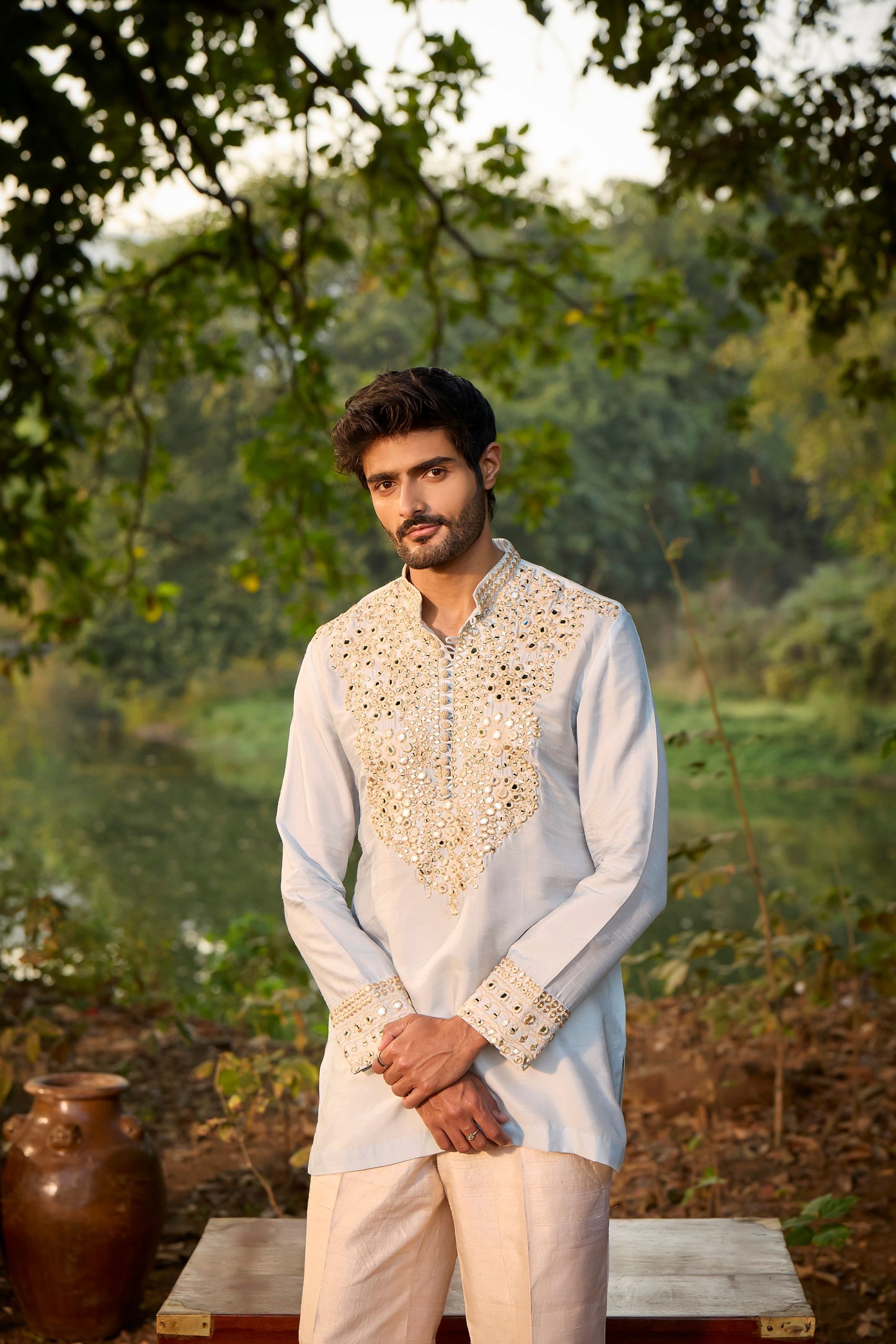 Ice Blue Kutchi Mirrorwork Kurta Set - Menswear