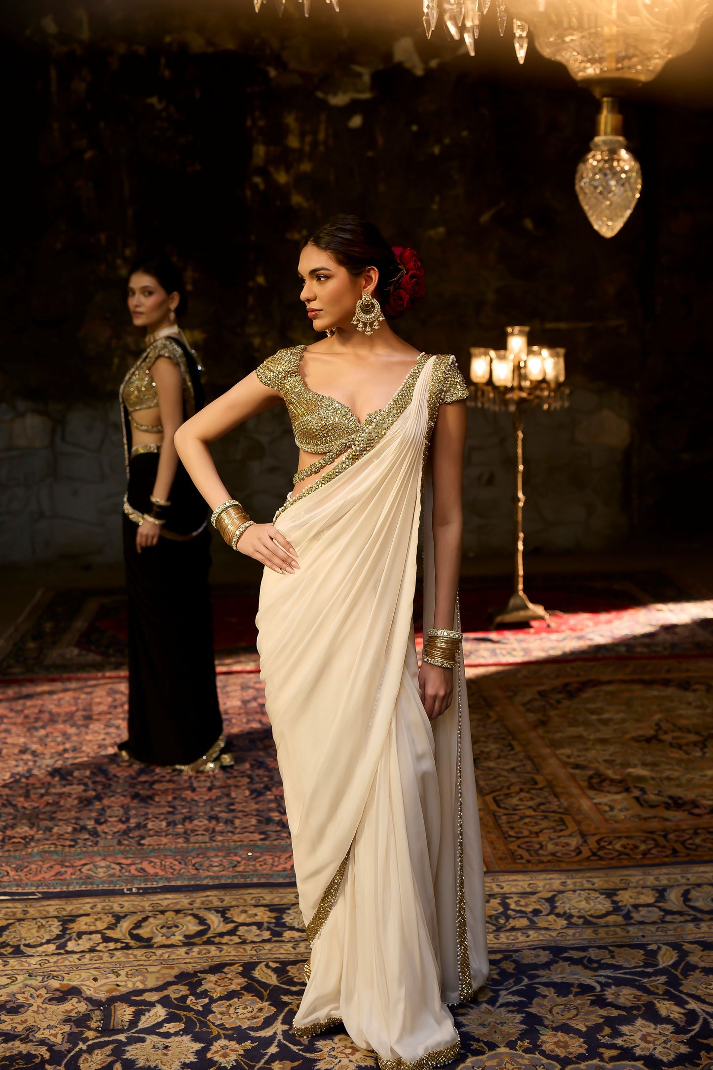 Ivory Banaras Kundan Chiffon Saree