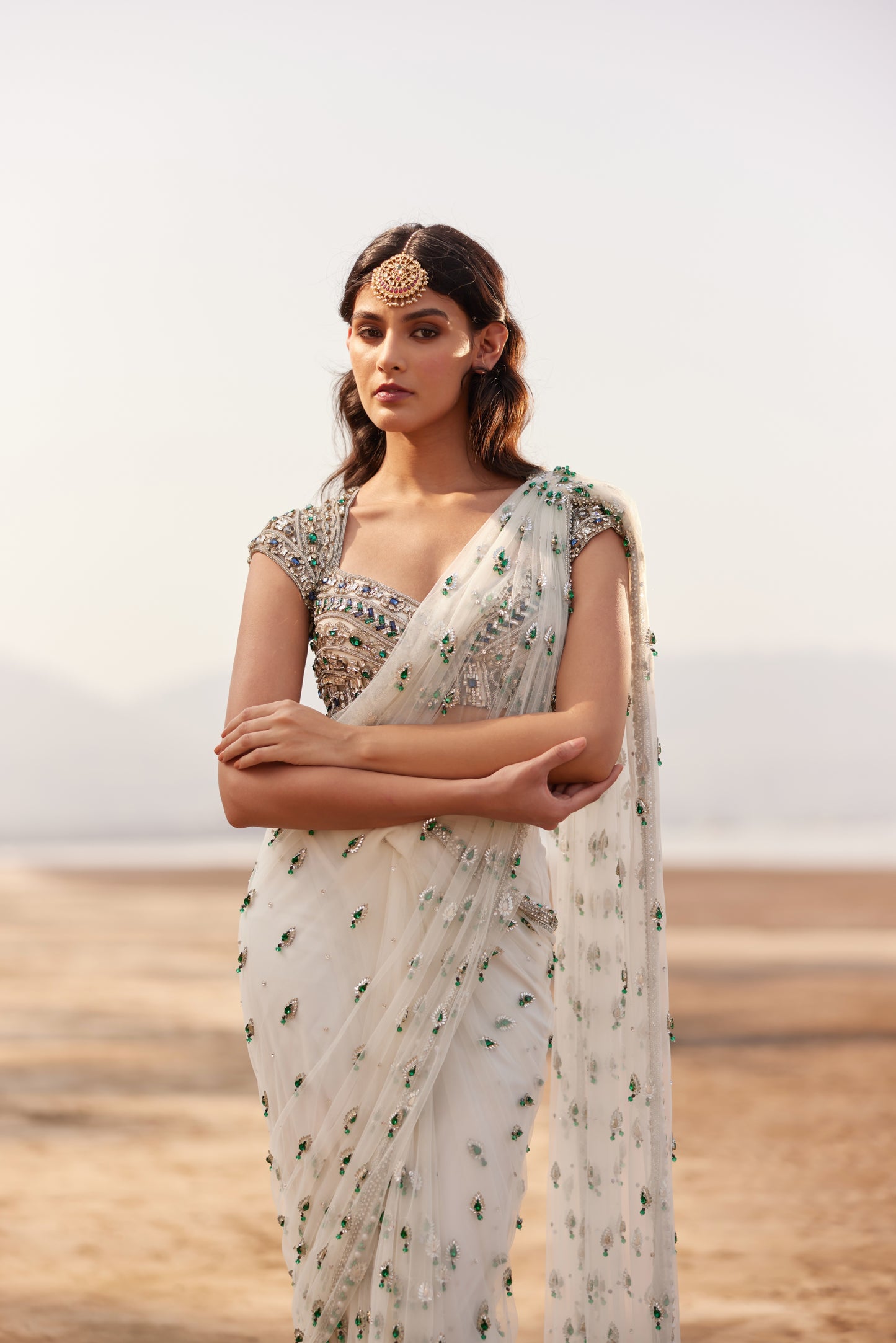 Ivory Art Deco Emerald Bootie Saree