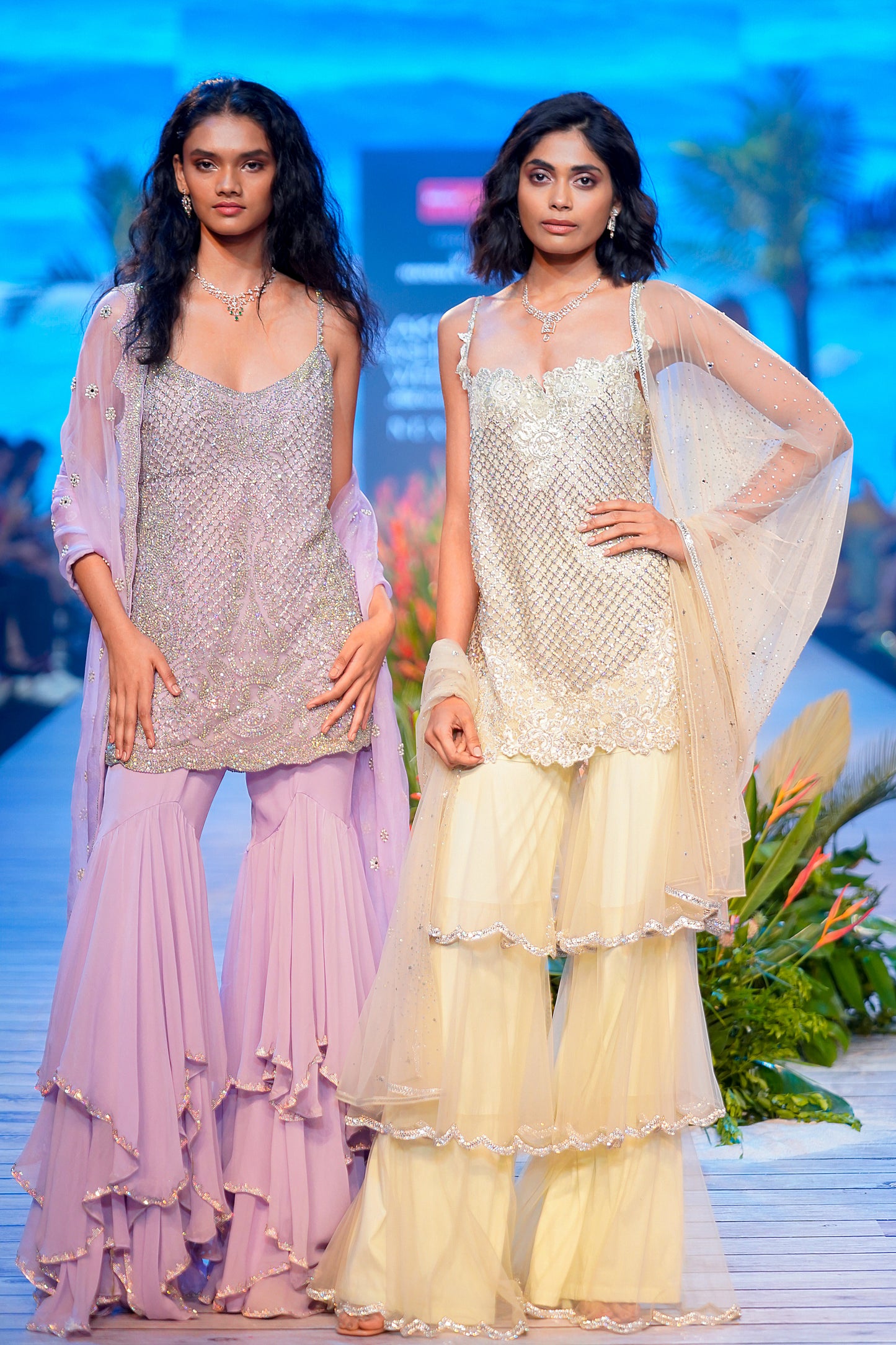 Lilac Crystal Jaal Kurta with Layered Sharara