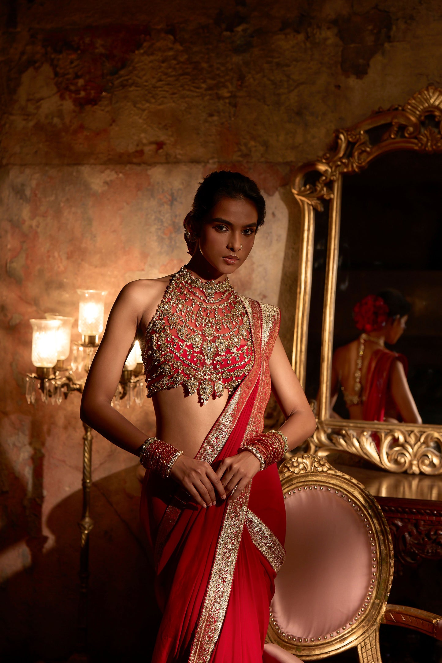 Red Banaras Kundan Chiffon Saree