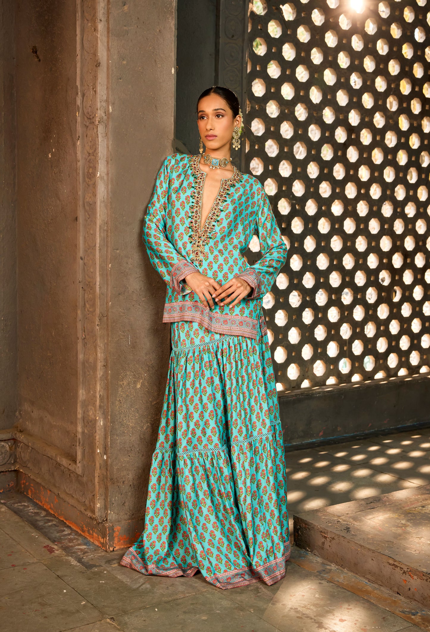 Turquoise Butti Sharara/Skirt Set