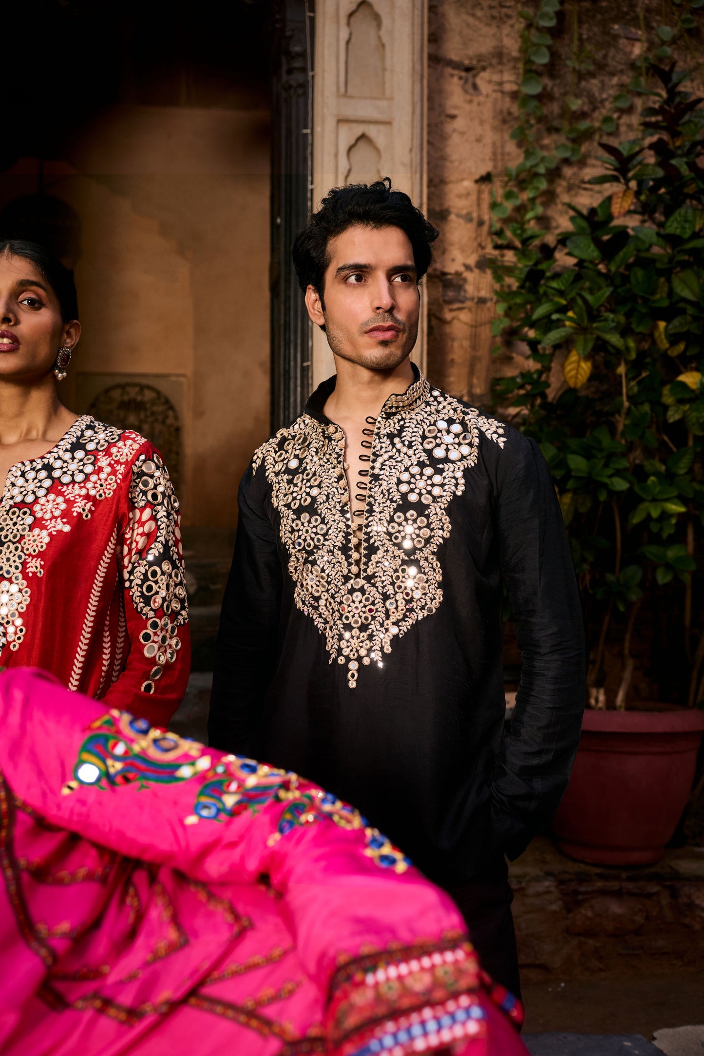 Black Mirrorwork Kurta Set- Menswear