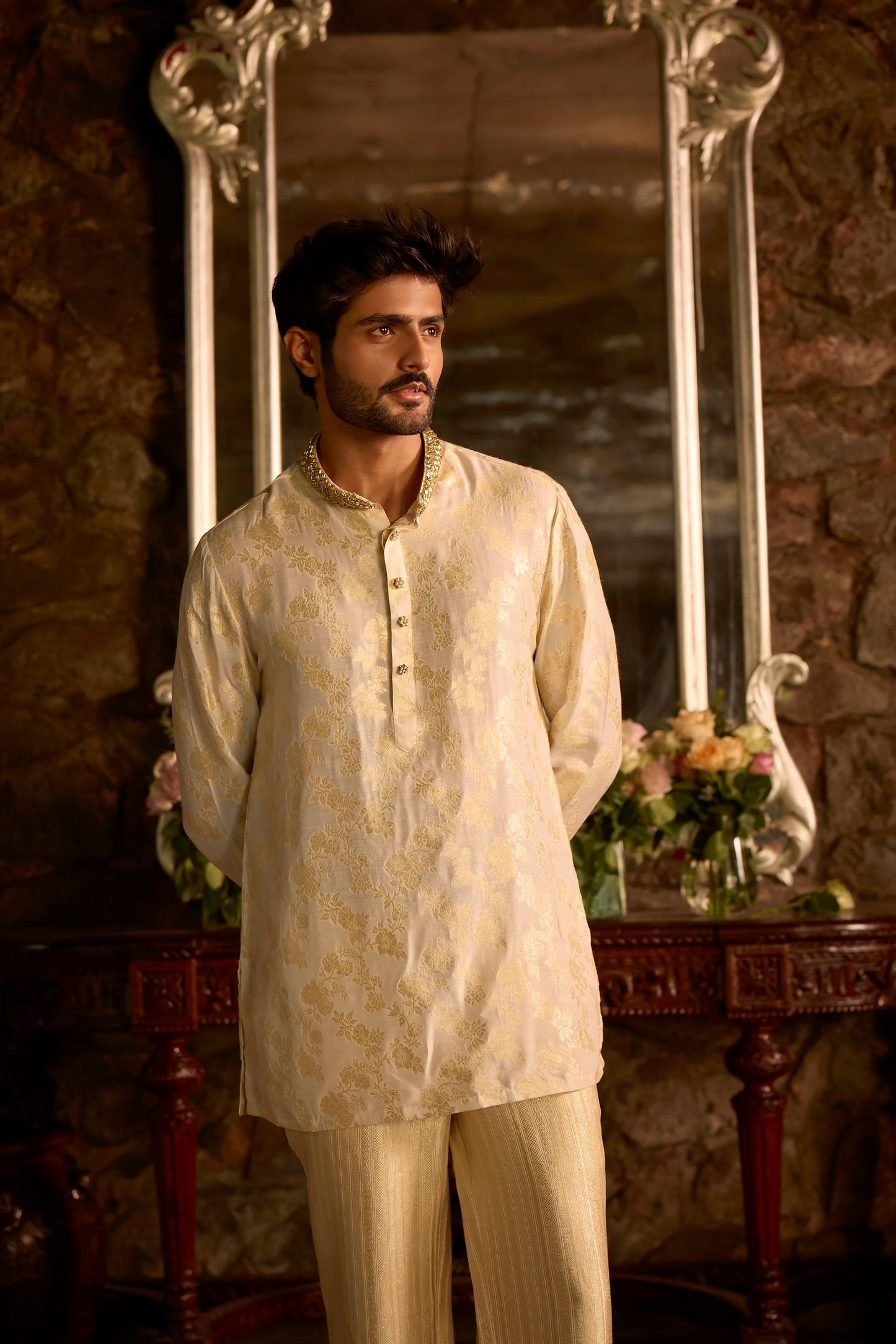 Ivory Gold Banaras Kundan Kurta Set- Menswear