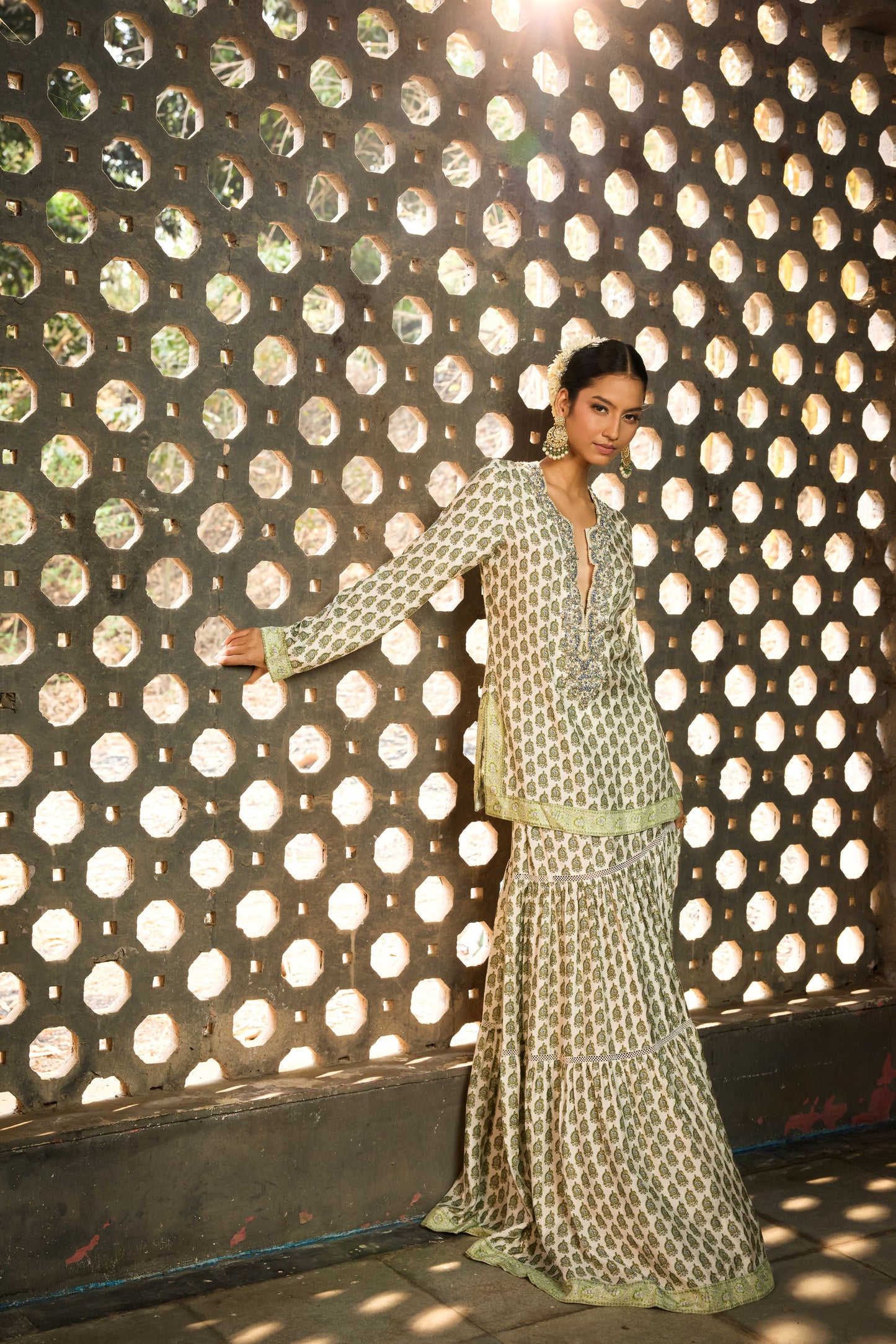 Lime Paisley Sharara/Skirt Set