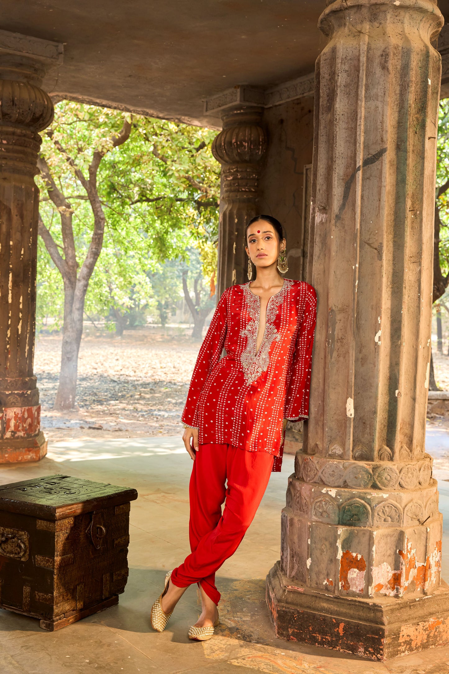 Red Bandhini Patiala Set