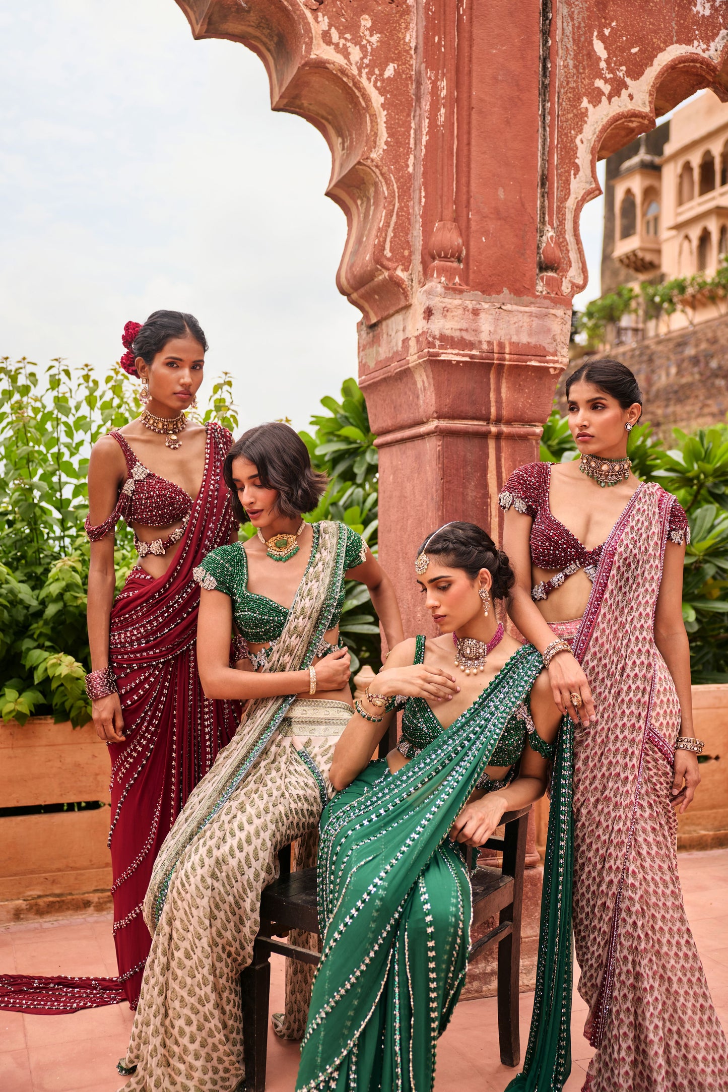 Sarees- Printed, Burgundy & Green Linear Work
