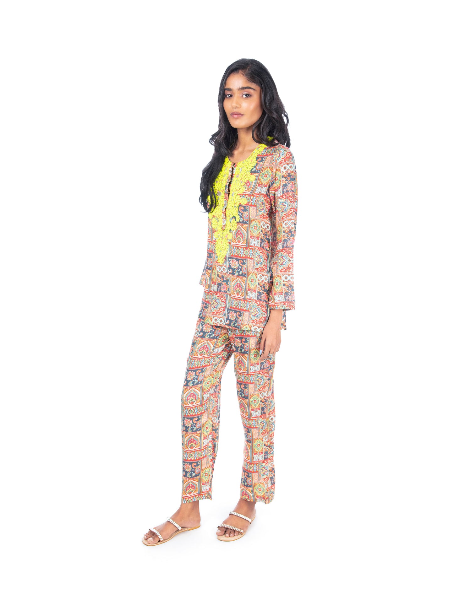 Multi Neon Green Kurti & Pant Set