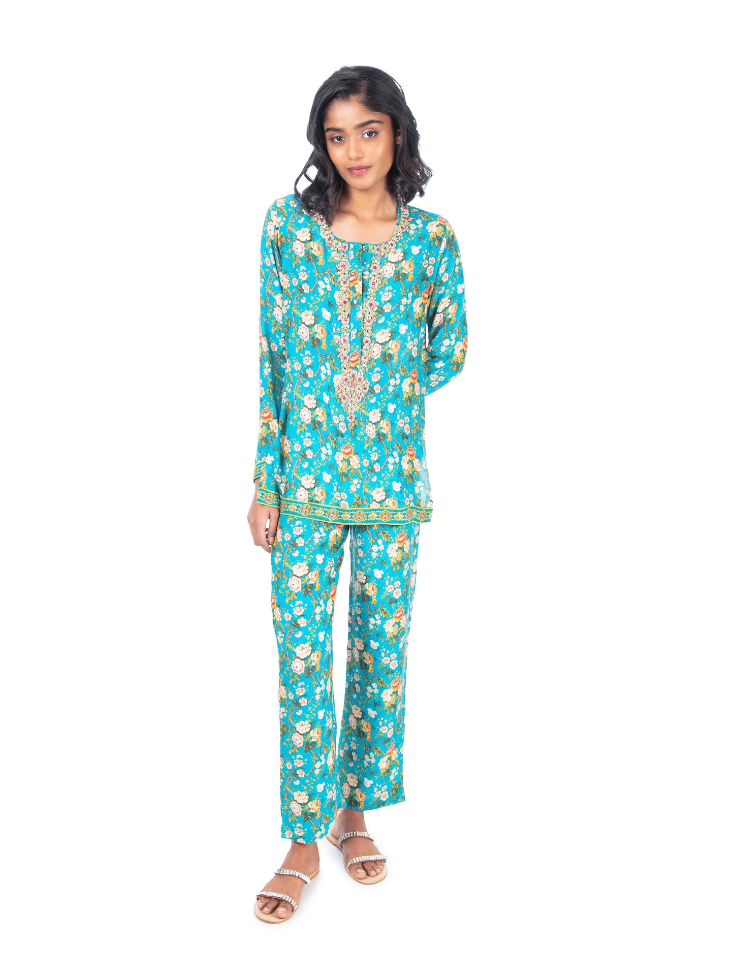 Turquoise Printed Kurti & Pant Set