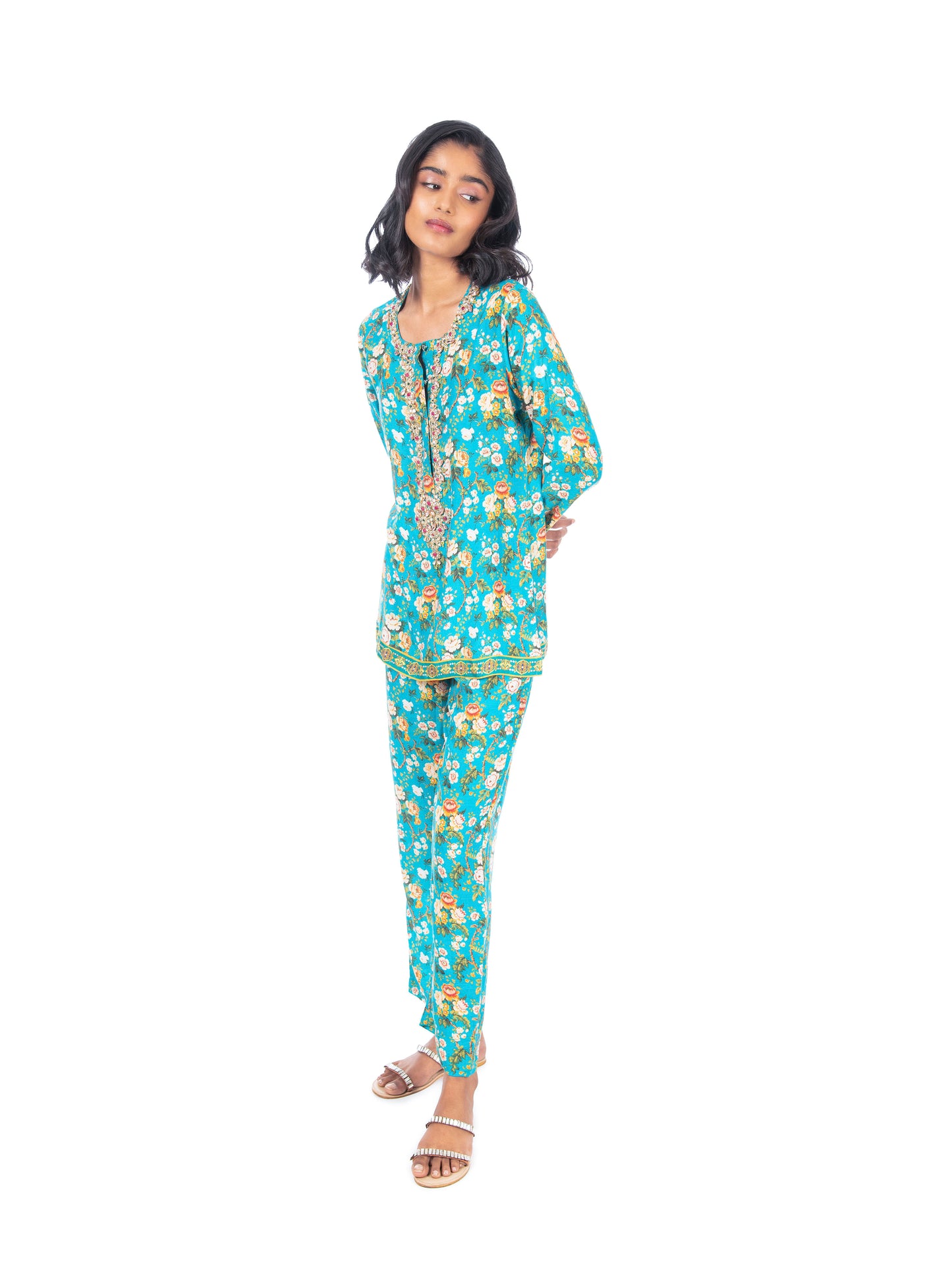 Turquoise Printed Kurti & Pant Set