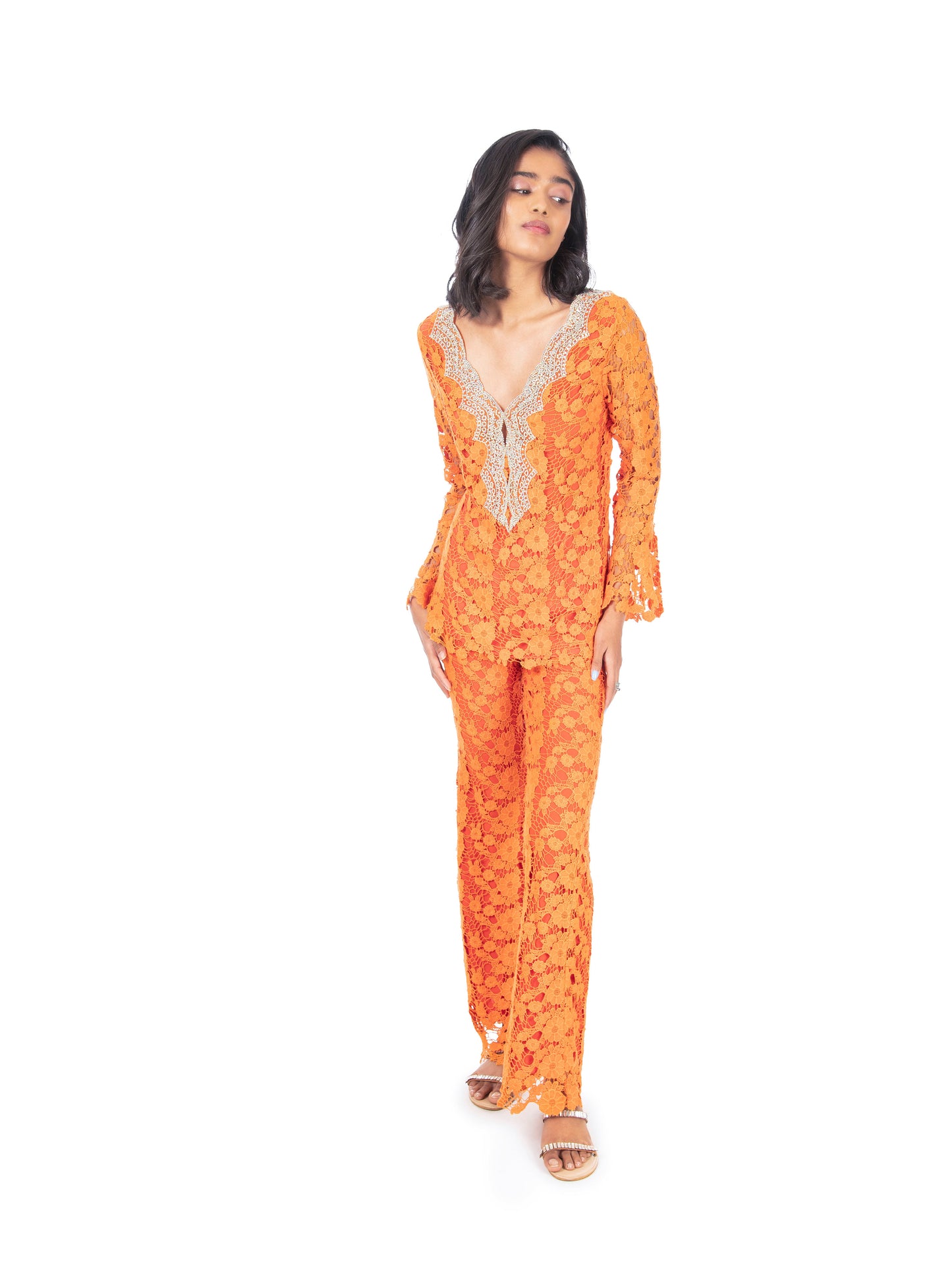 Orange Lace Kurti & Pant Set