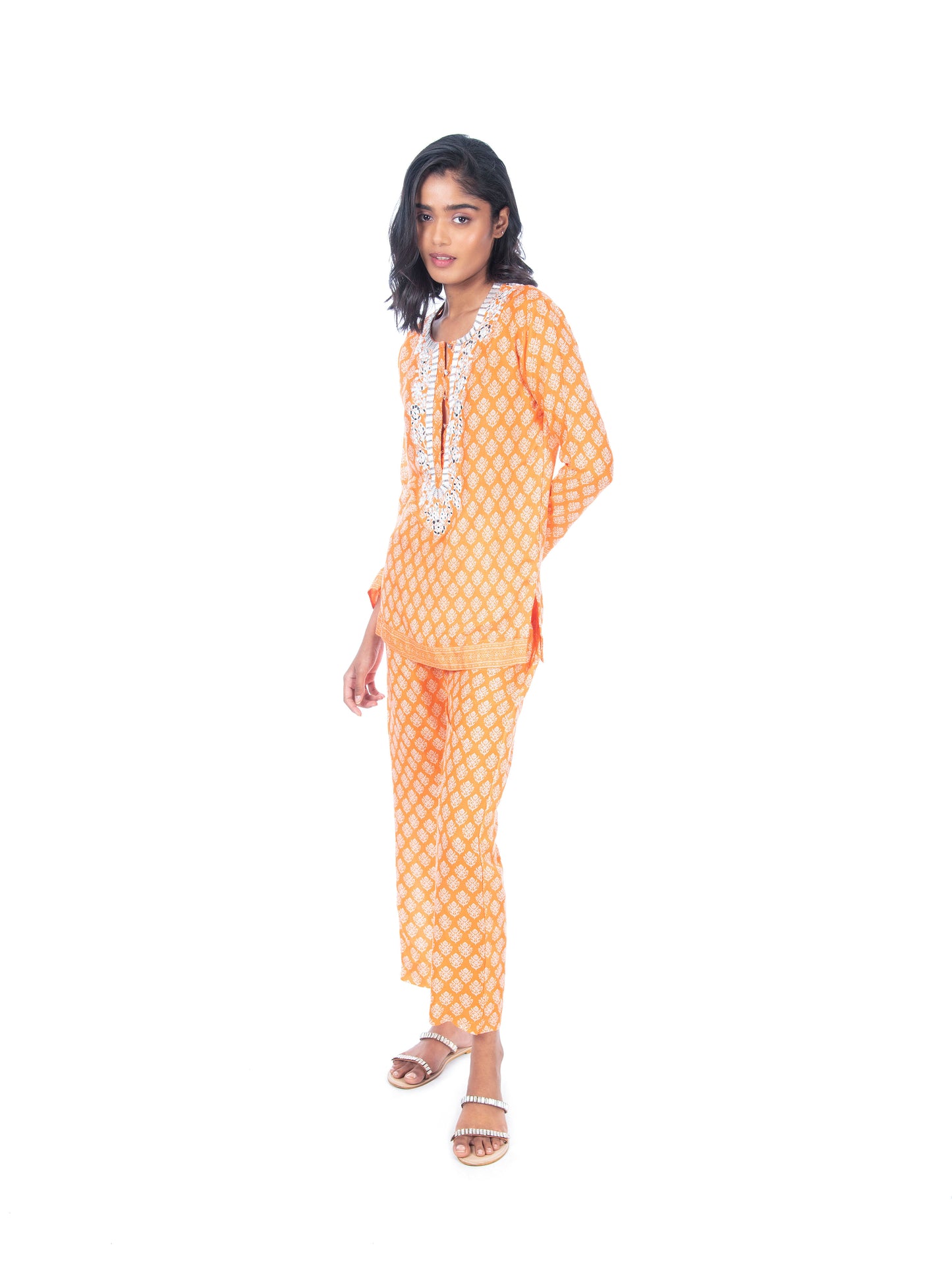 Orange Block Printed Kurti & Pant Set