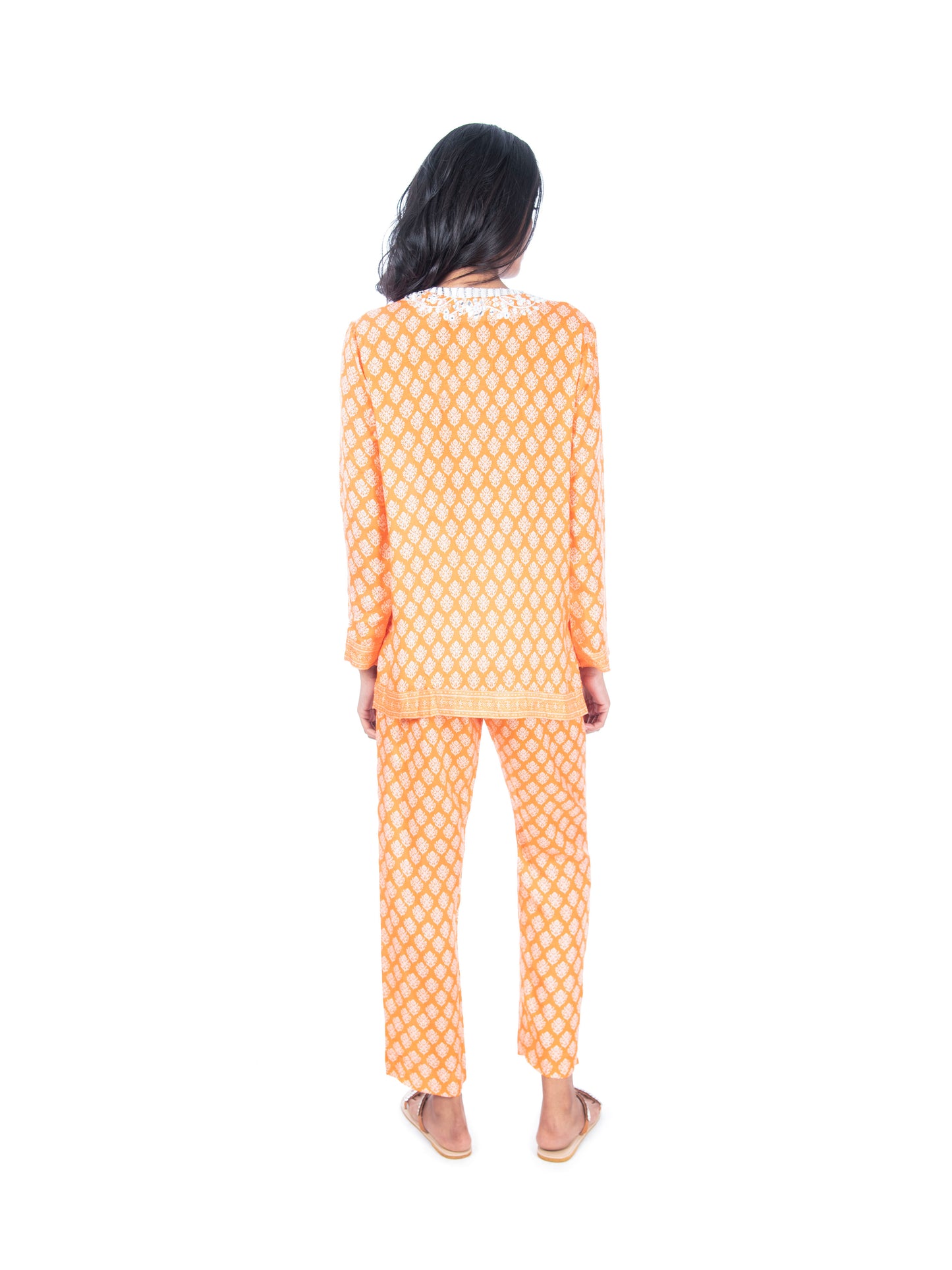 Orange Block Printed Kurti & Pant Set
