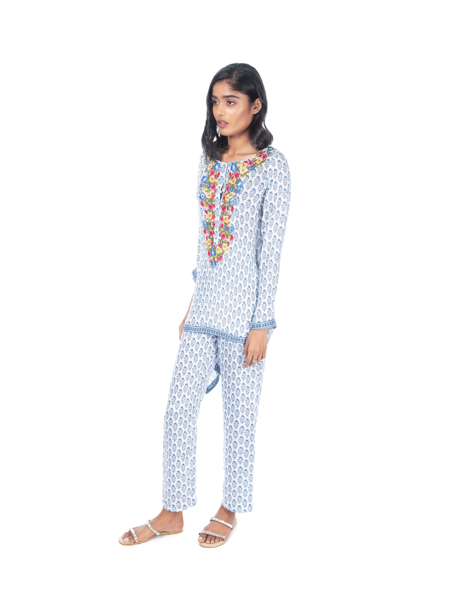 White & Blue Block Printed Kaftan Style Kurti & Pant Set