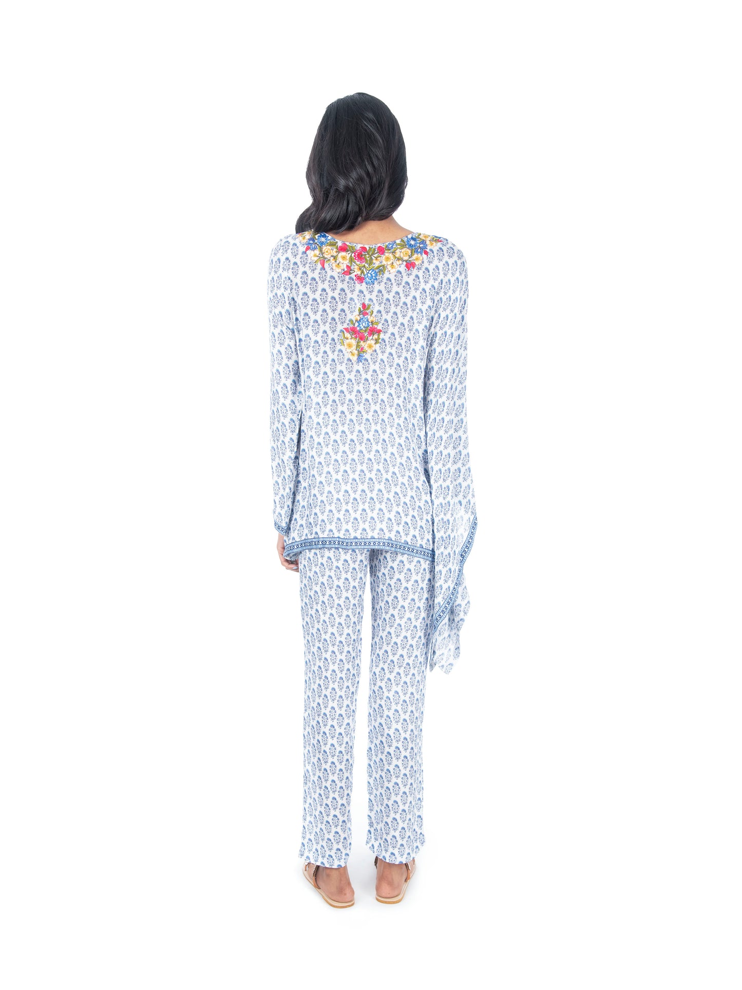 White & Blue Block Printed Kaftan Style Kurti & Pant Set