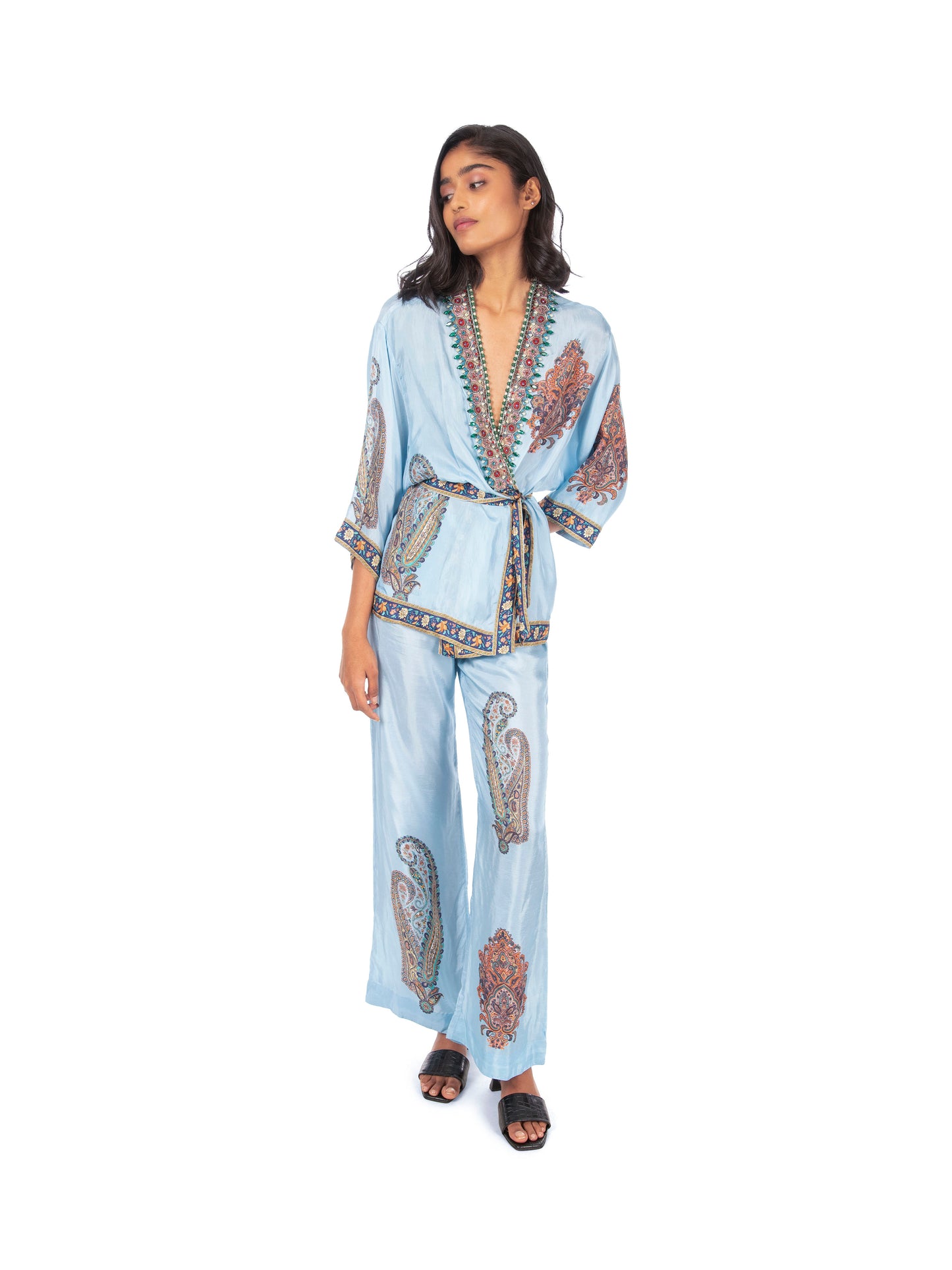 Blue Printed Wrap/Jacket Style Kurti & Pant Set.