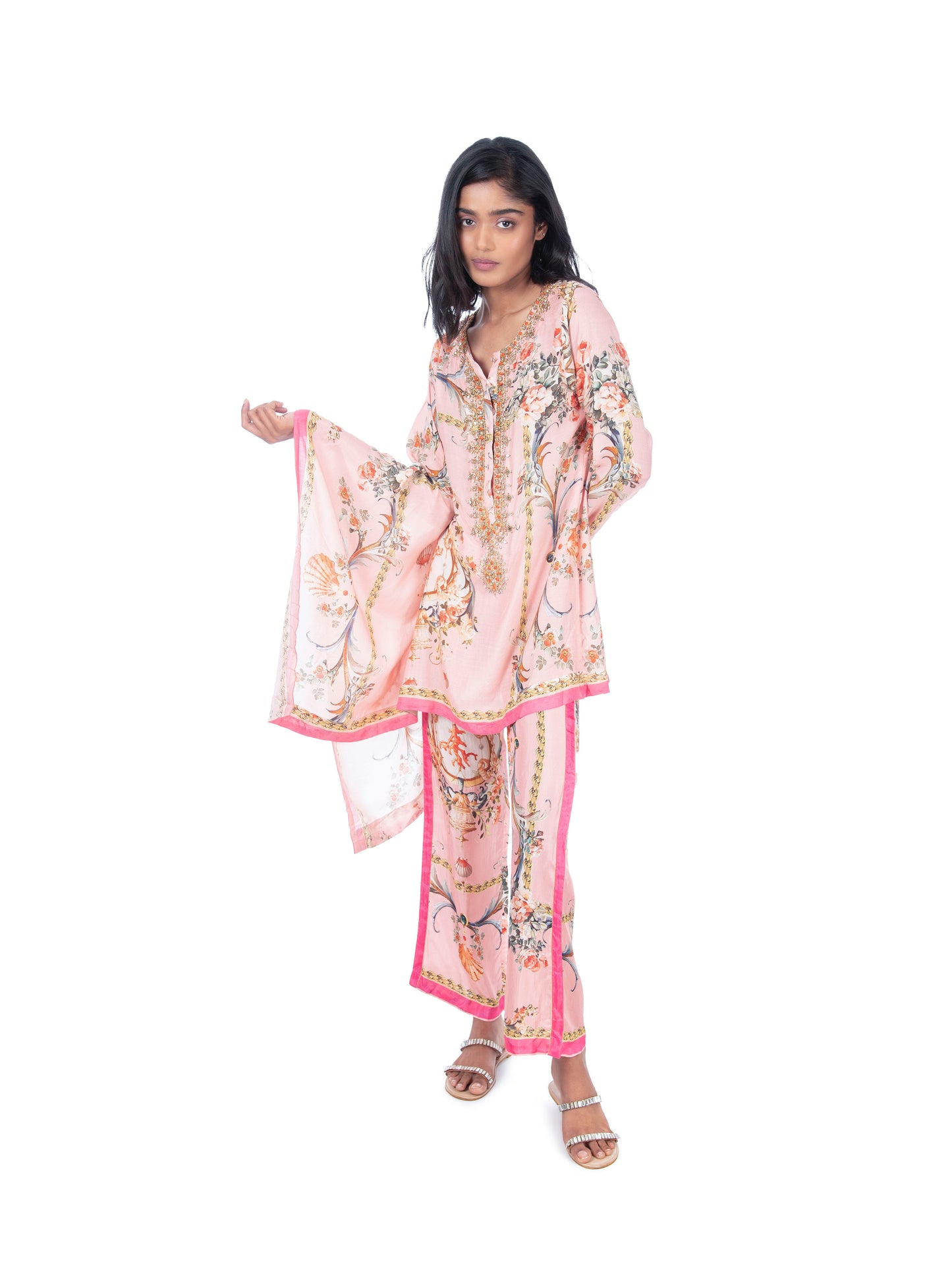 Pink Printed Kaftan Style Kurti & Pant Set.