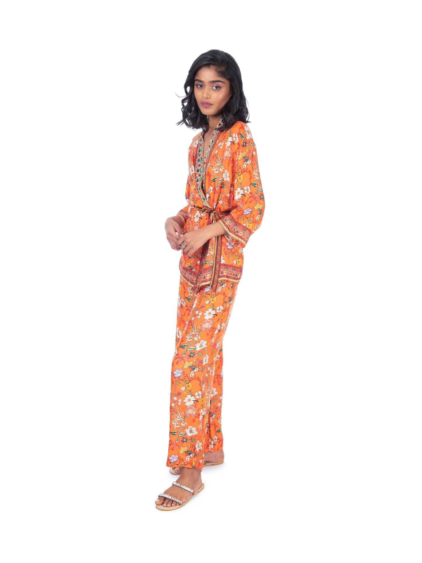 Orange Printed Wrap/Jacket Style Kurti & Pant Set.