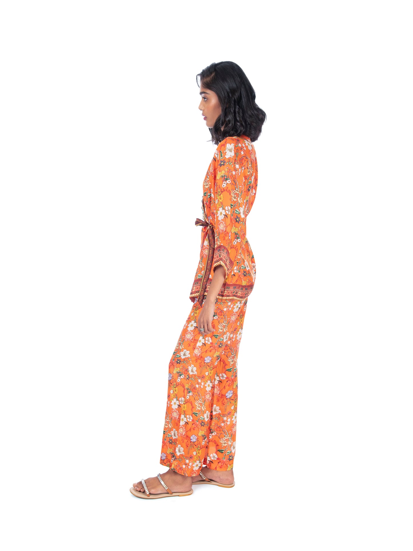 Orange Printed Wrap/Jacket Style Kurti & Pant Set.