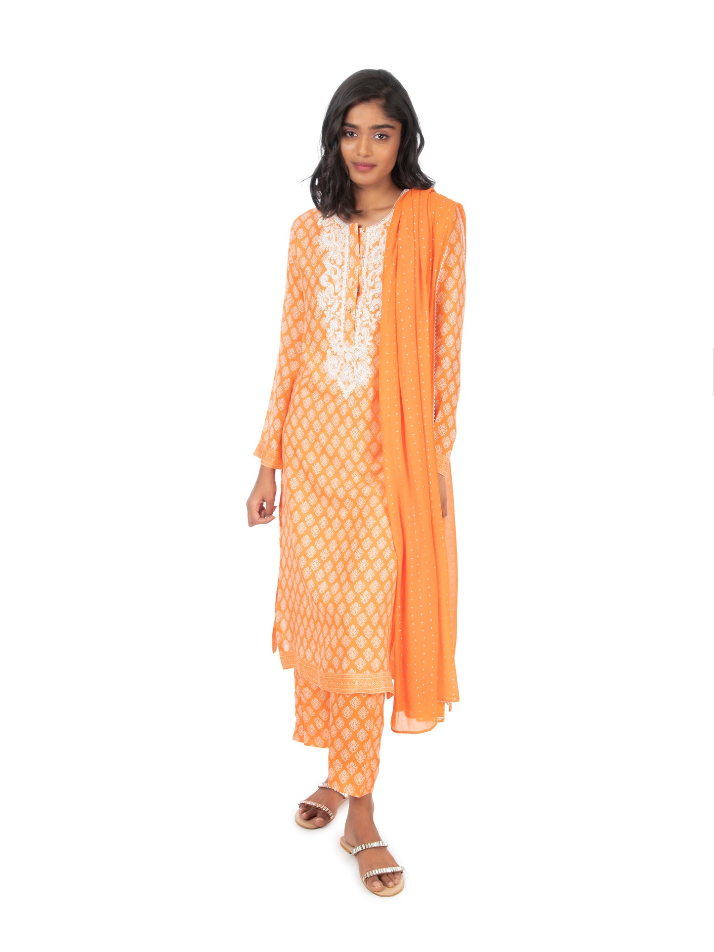 Orange Printed Long Kurta & Pant Set