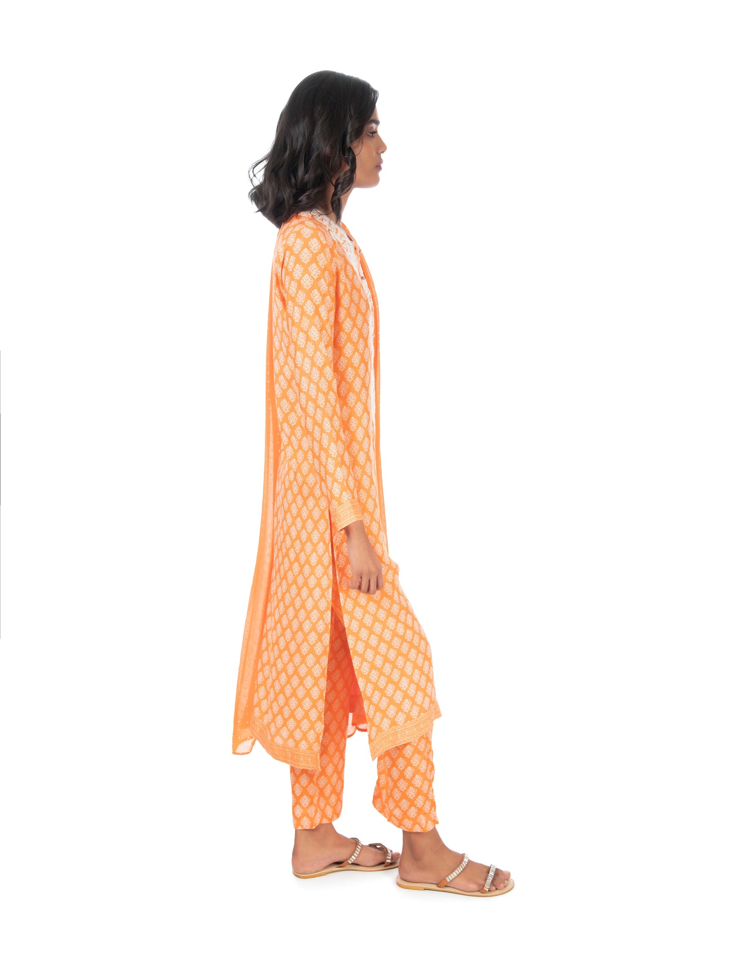 Orange Printed Long Kurta & Pant Set