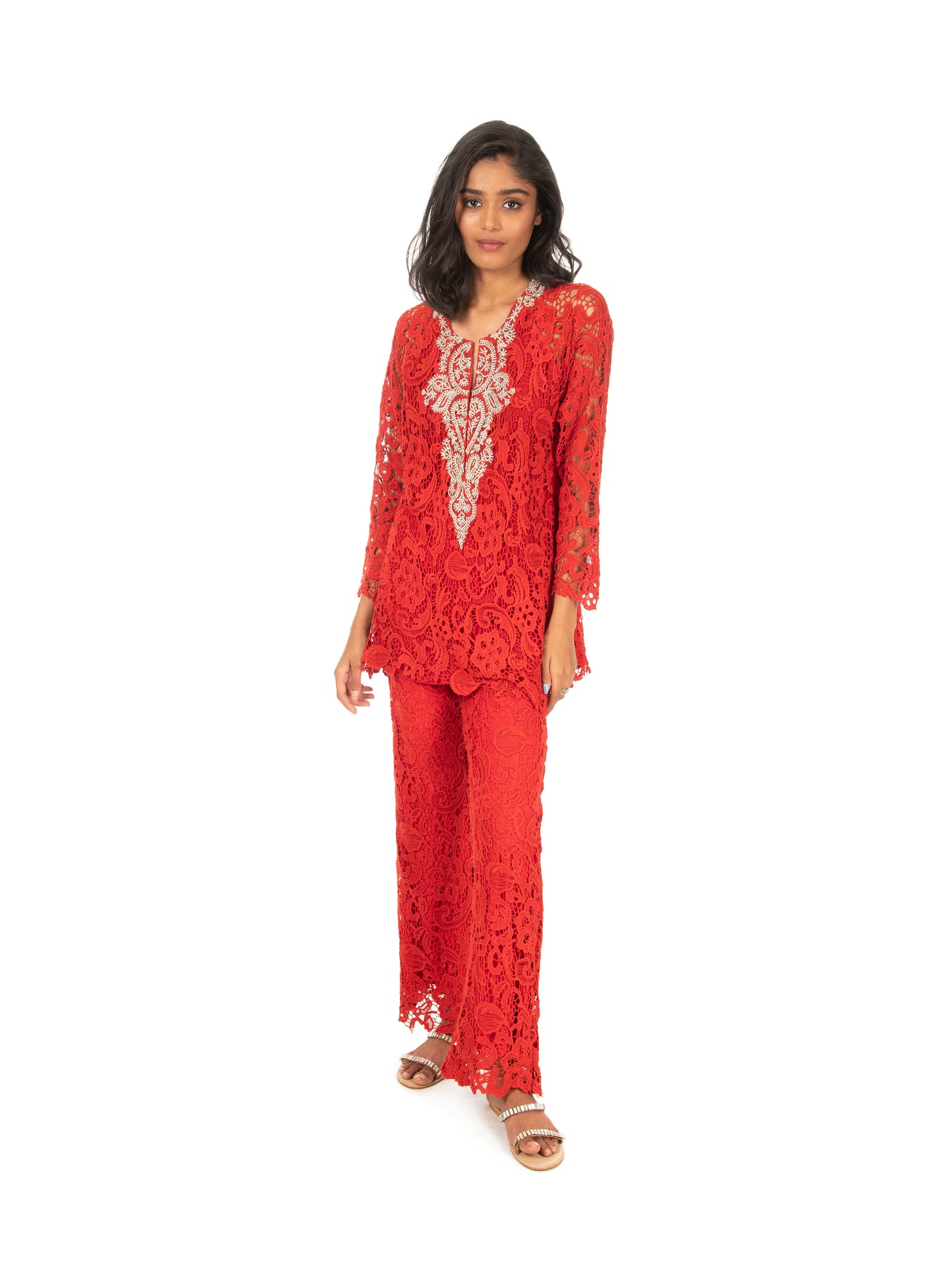 Red Lace Kurti & Pant Set