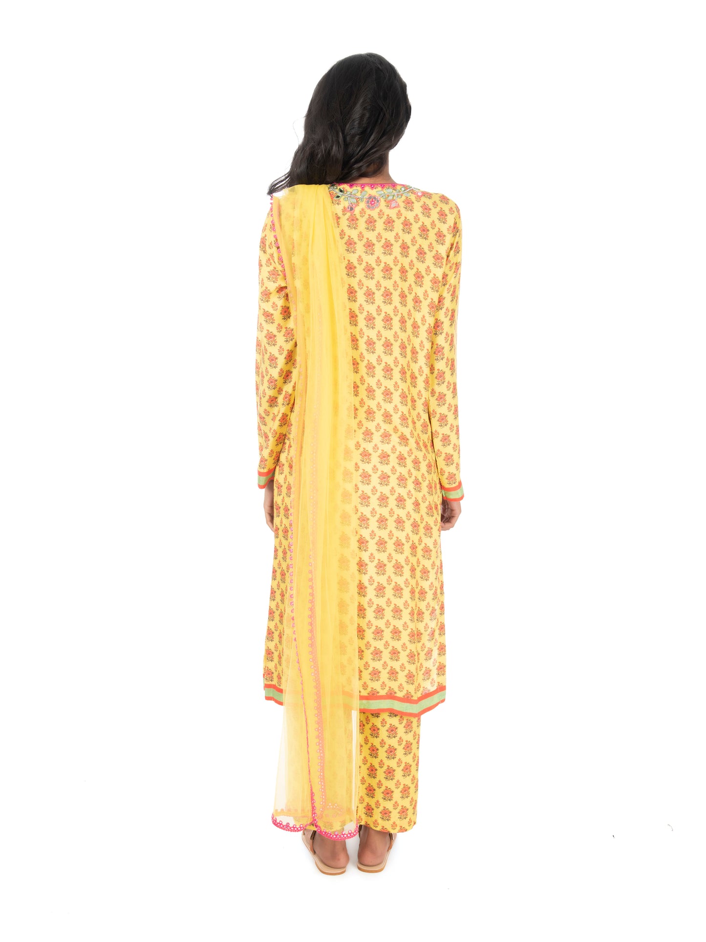 Yellow Printed Long Kurta & Pant Set