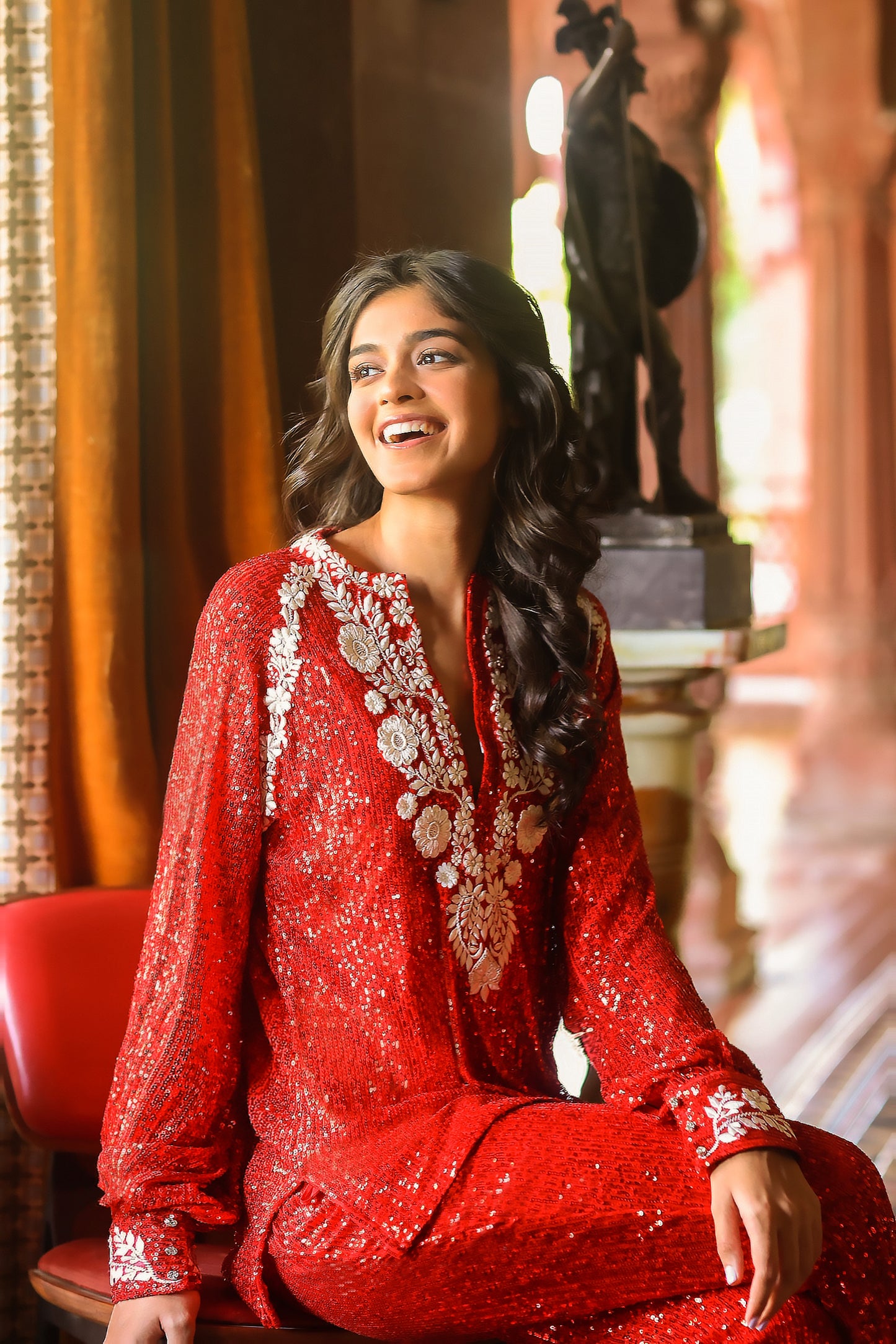 Red Sequins Kurti & Pant Set