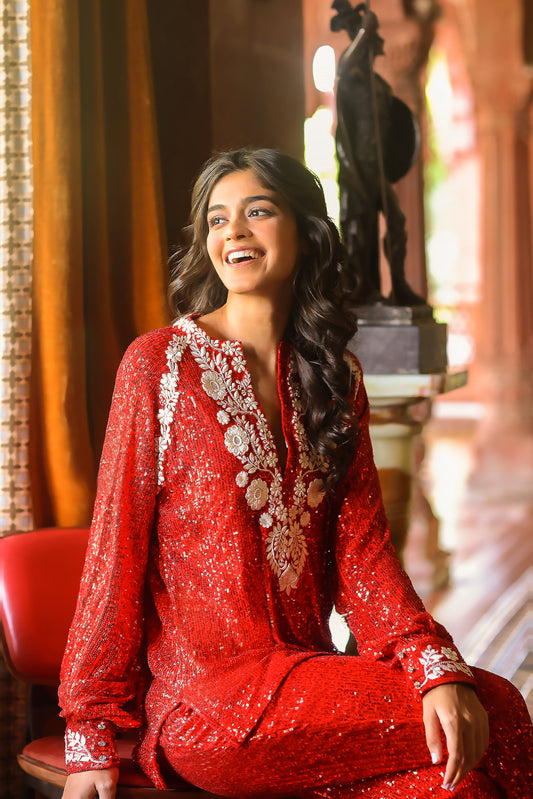 Red Sequins Kurti & Pant Set