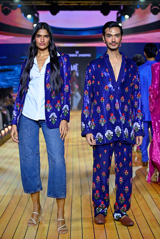 Navy Mughal Flower Blazer & Mens Cord Set