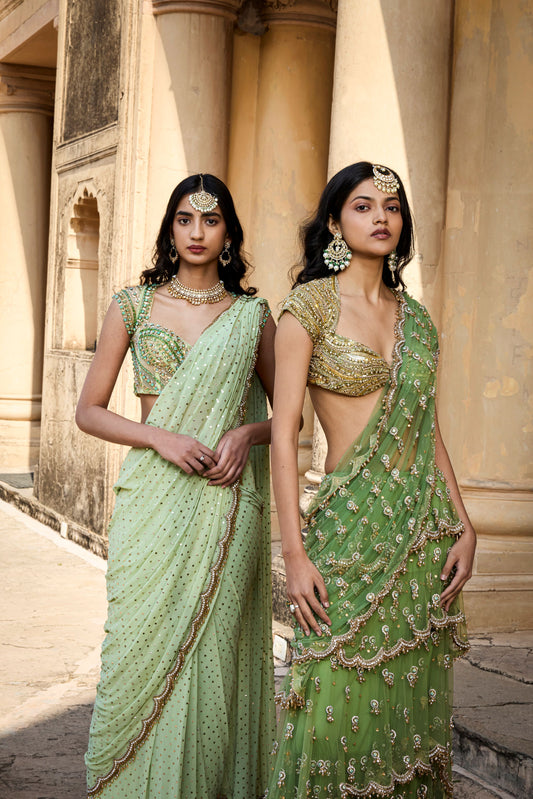 Green Miseltoe Frill Saree & Mint Mukaish Saree