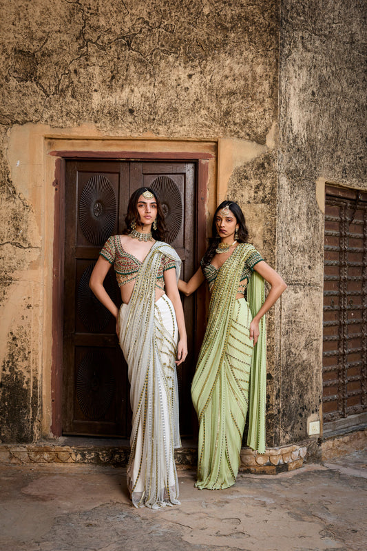 Ivory & Mint Linear Saree