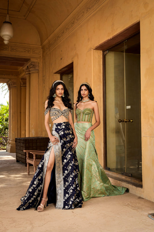 Navy & Jade Brocade Skirt Sets