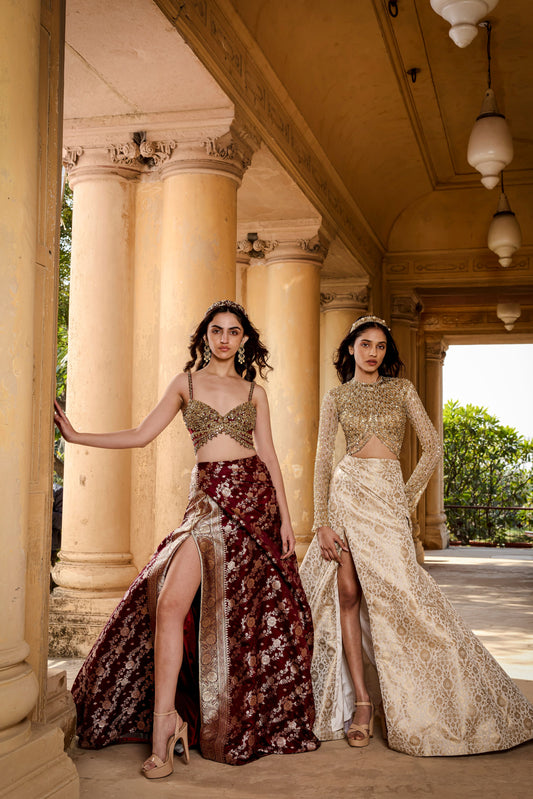 Burgundy Brocade Skirt Set