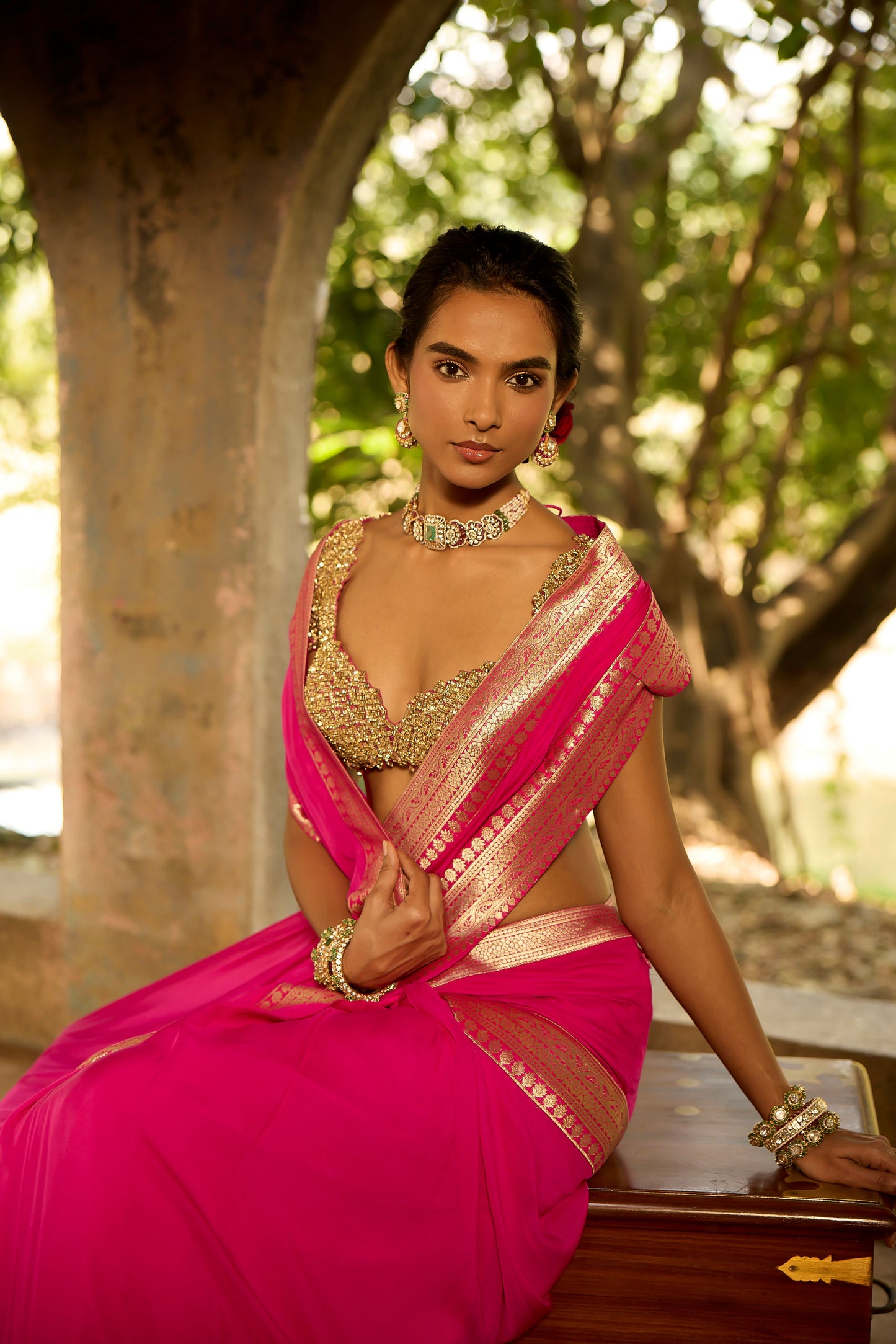 Fuchsia Banaras Kundan Chiffon Saree