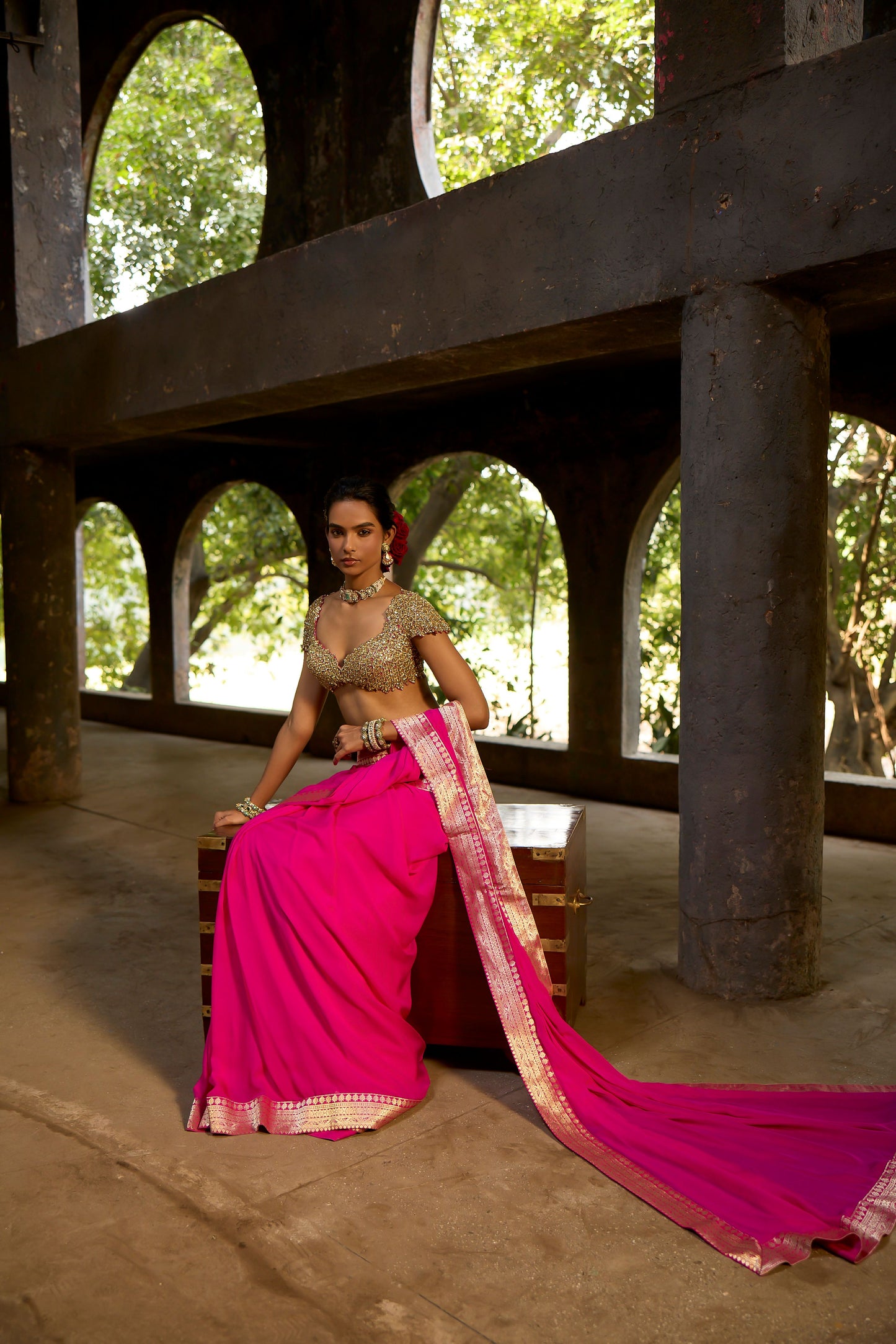 Fuchsia Banaras Kundan Chiffon Saree