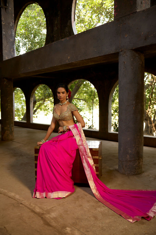 Fuchsia Banaras Kundan Chiffon Saree