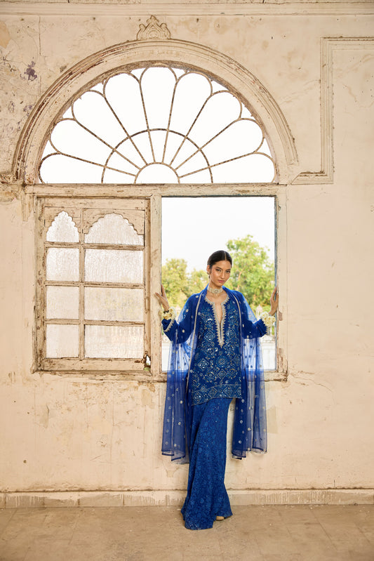 Royal Blue Mirrorwork Chikankari Sharara