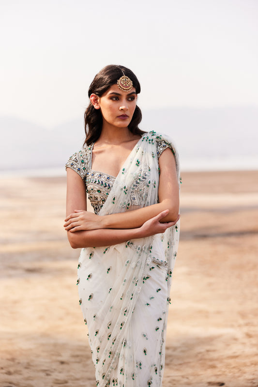 Ivory Art Deco Emerald Bootie Saree