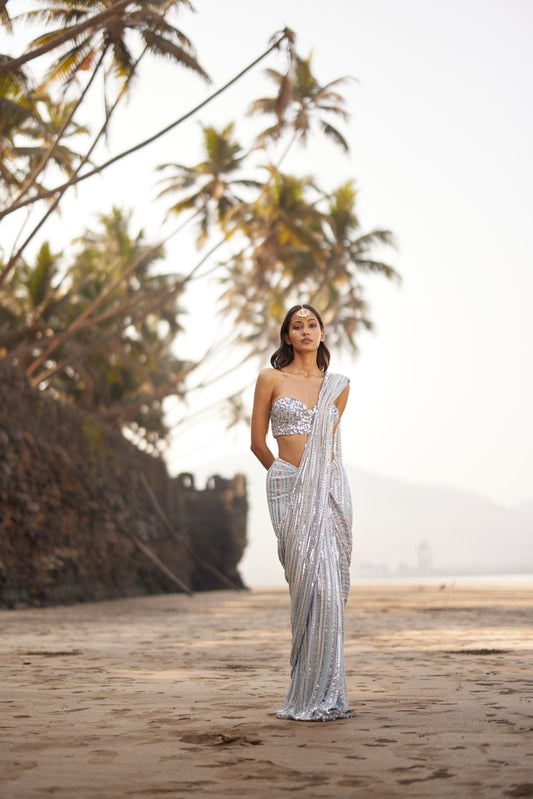 Ice Blue & Silver Chains Saree