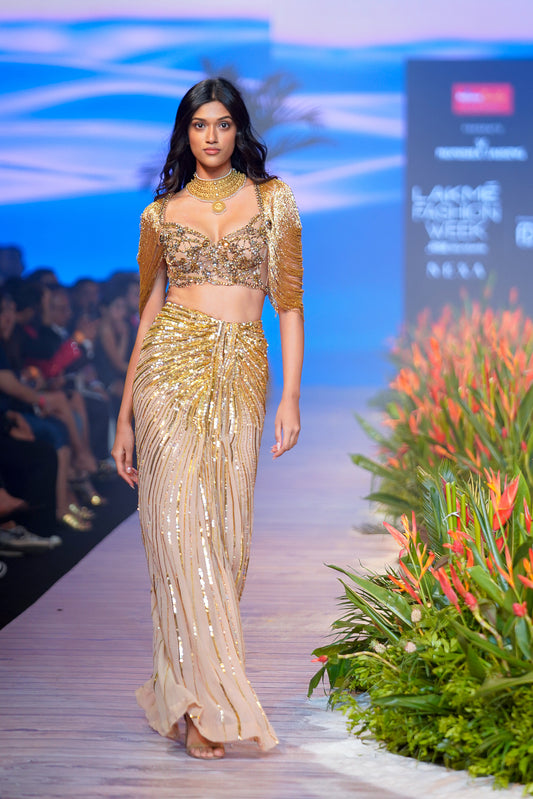 Gold Linear Draped Skirt with Jewelled Top