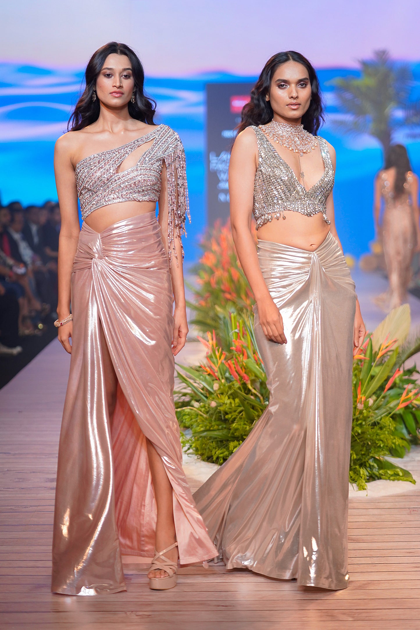 Rose Metallic Draped Skirt with One Shoulder Crystal Top
