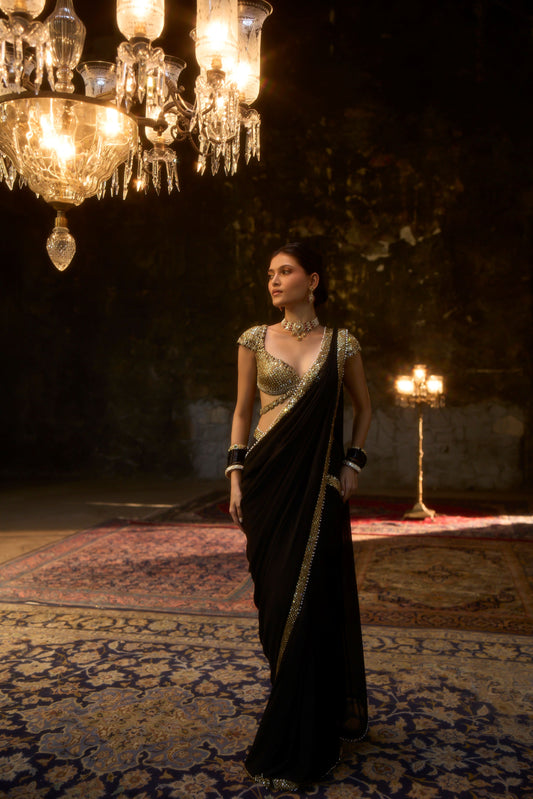 Black Banaras Kundan Chiffon Saree