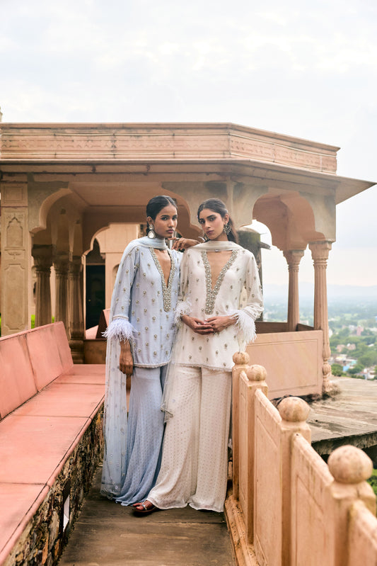 Ice Blue & Ivory Classic Feather Shararas