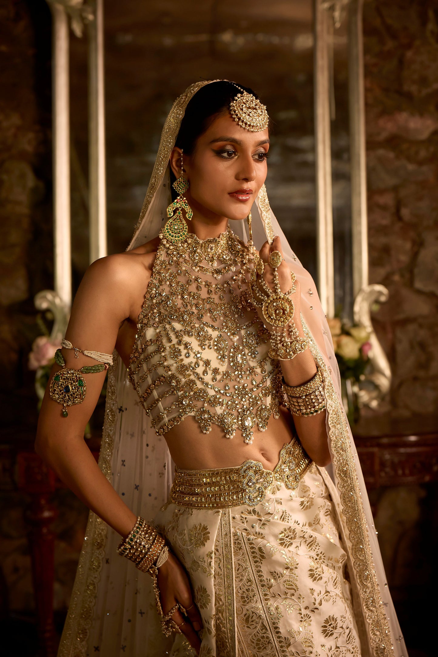 White Gold Banaras Jaal Skirt Set