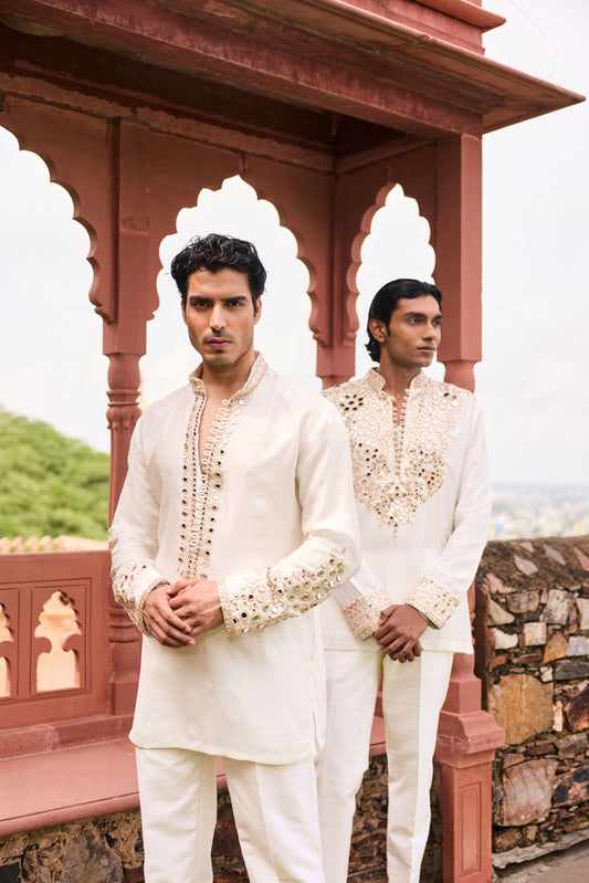 Ivory Mirrorwork Kurta Sets- Menswear