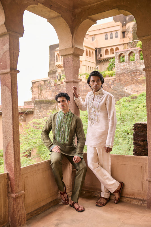 Ivory & Military Yoke Mirrorwork Kurta Sets- Menswear