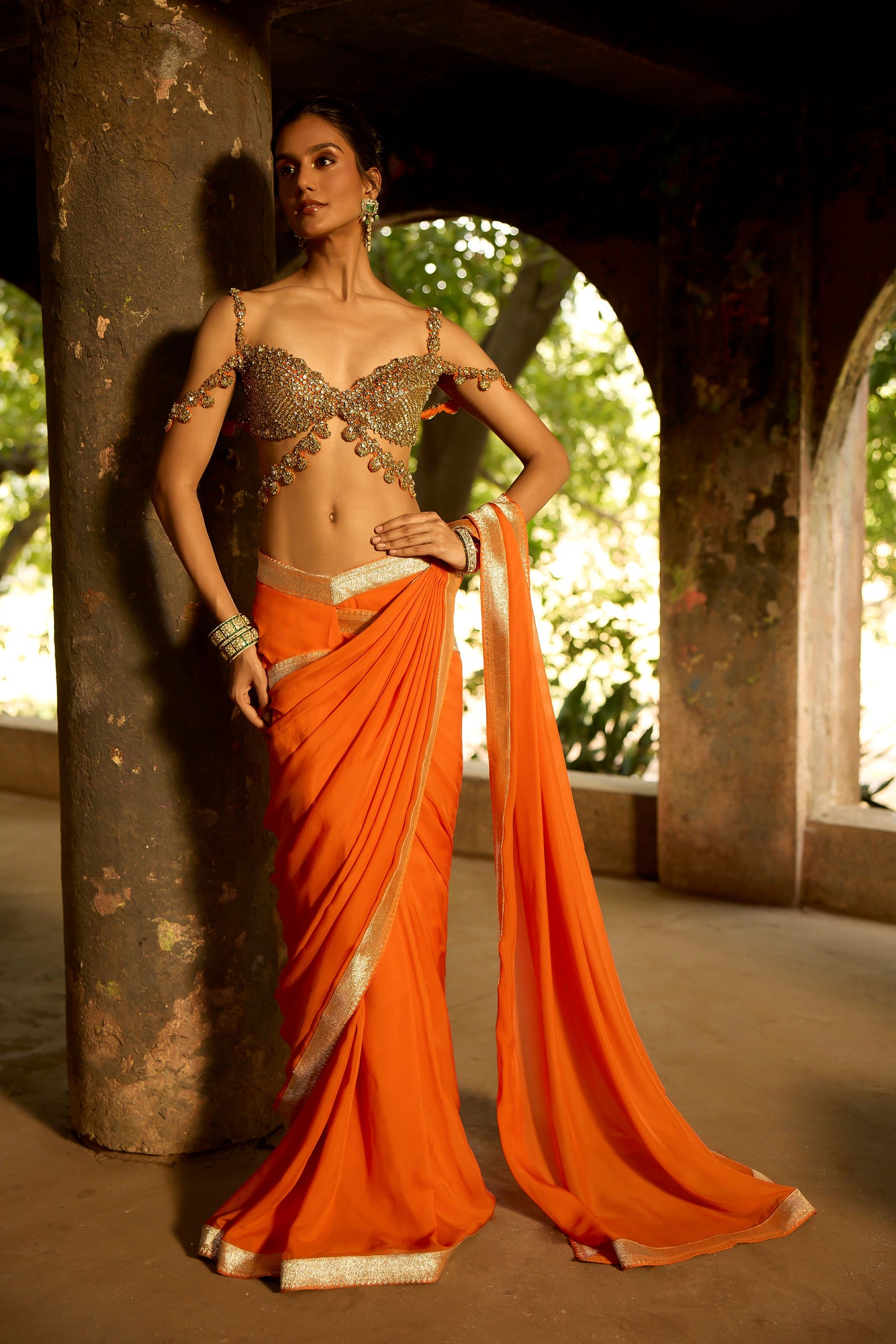 Orange Banaras Kundan Chiffon Saree