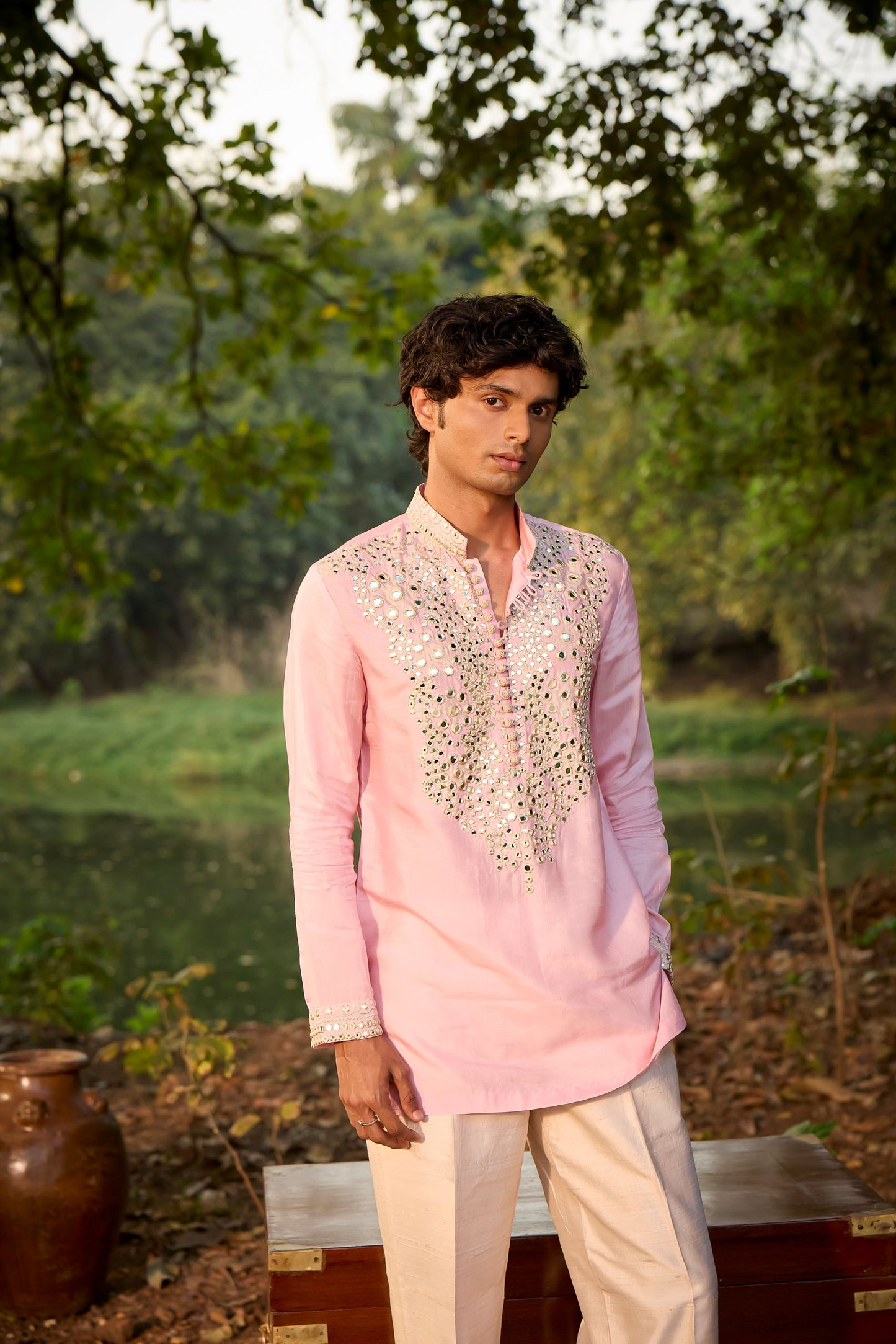 Ice Pink Kutchi Mirrorwork Kurta Set- Menswear