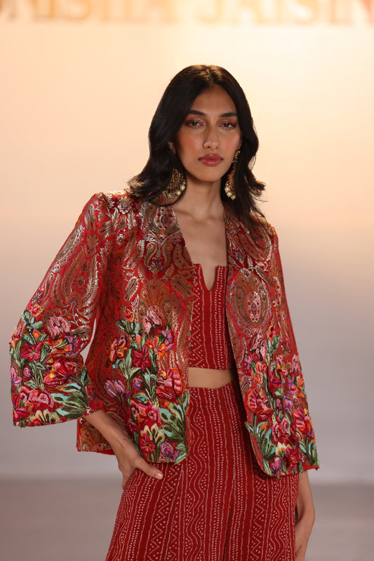 Red Multi Brocade Blazer Sharara